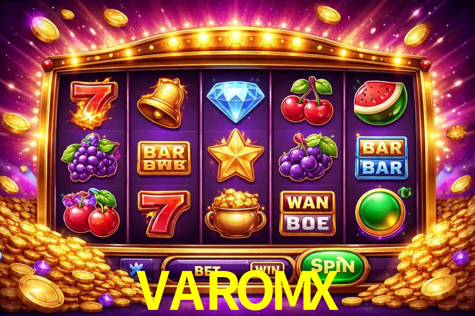 Una interfaz colorida de tragamonedas en línea con símbolos brillantes, monedas y un efecto de victoria celebratoria en VAROMX.