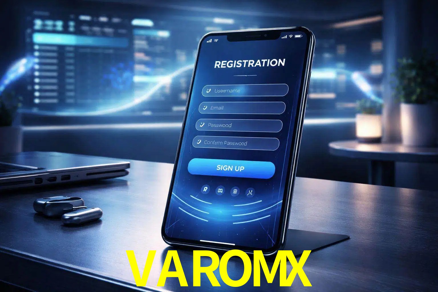 Una interfaz moderna de registro móvil para VAROMX mostrada en un smartphone con un panel de apuestas elegante.